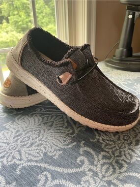 Hey Dude Black Woven Slip-On Loafers with Cream Sole